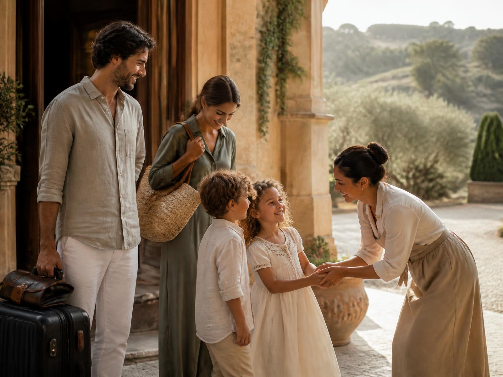 Children meeting their caregiver at a European villa
